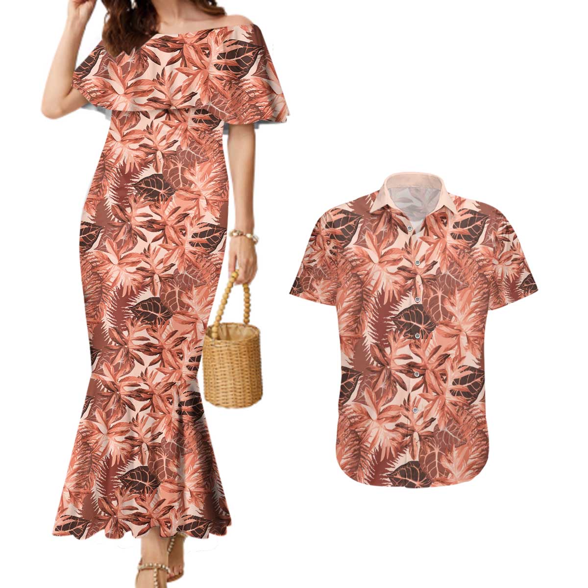 Hawaii Red Brown Tropical Leaves Couples Matching Mermaid Dress and Hawaiian Shirt - Polynesian Pride