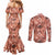 Hawaii Red Brown Tropical Leaves Couples Matching Mermaid Dress and Long Sleeve Button Shirt - Polynesian Pride