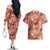 Hawaii Red Brown Tropical Leaves Couples Matching Off The Shoulder Long Sleeve Dress and Hawaiian Shirt - Polynesian Pride
