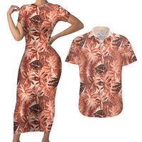 Hawaii Red Brown Tropical Leaves Couples Matching Short Sleeve Bodycon Dress and Hawaiian Shirt - Polynesian Pride