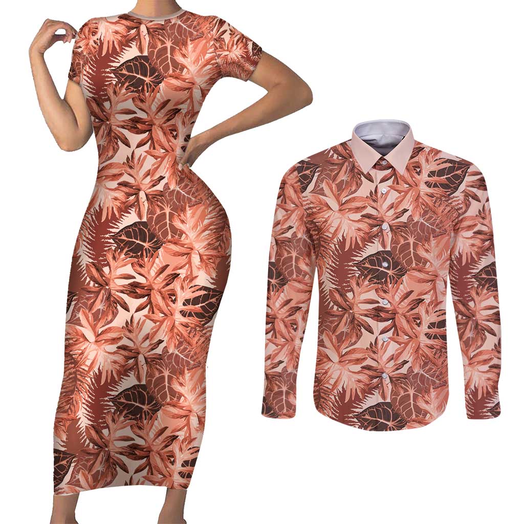 Hawaii Red Brown Tropical Leaves Couples Matching Short Sleeve Bodycon Dress and Long Sleeve Button Shirt - Polynesian Pride