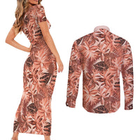 Hawaii Red Brown Tropical Leaves Couples Matching Short Sleeve Bodycon Dress and Long Sleeve Button Shirt - Polynesian Pride