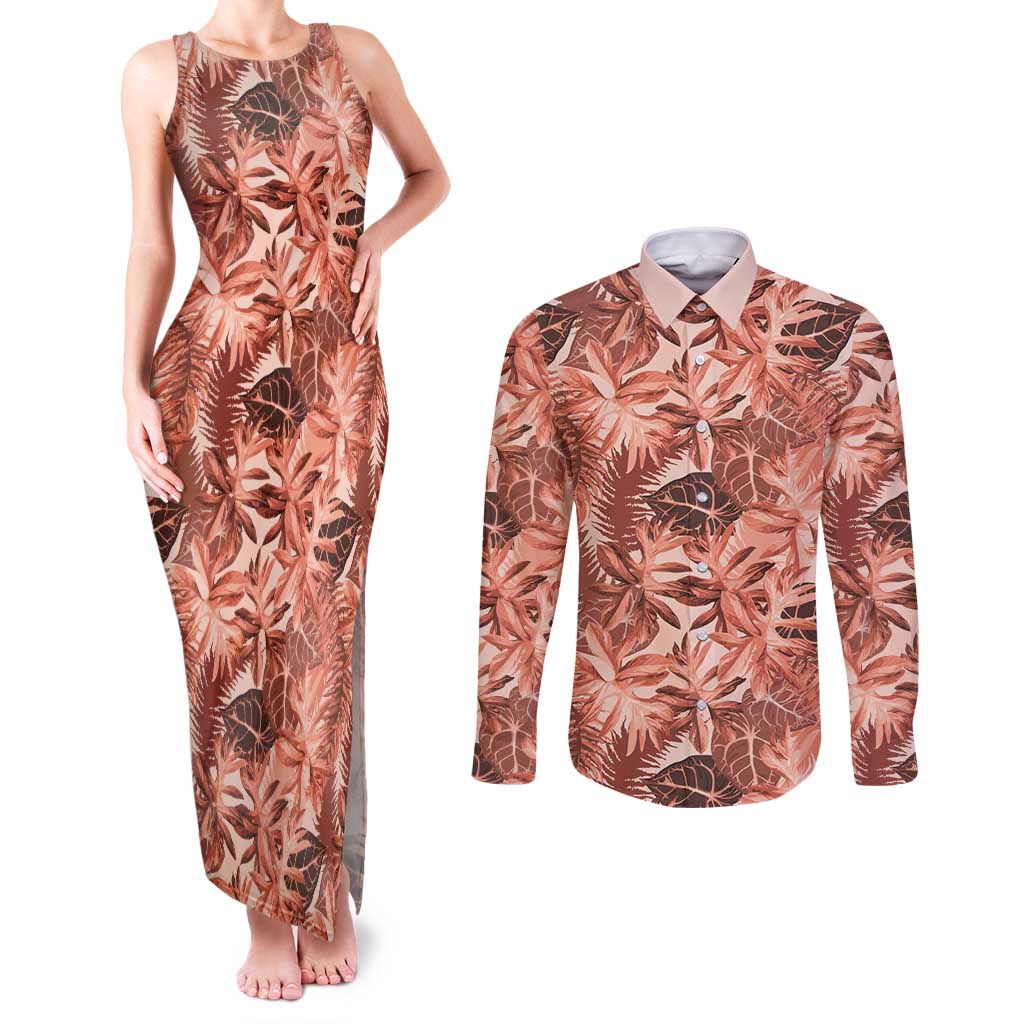 Hawaii Red Brown Tropical Leaves Couples Matching Tank Maxi Dress and Long Sleeve Button Shirt - Polynesian Pride