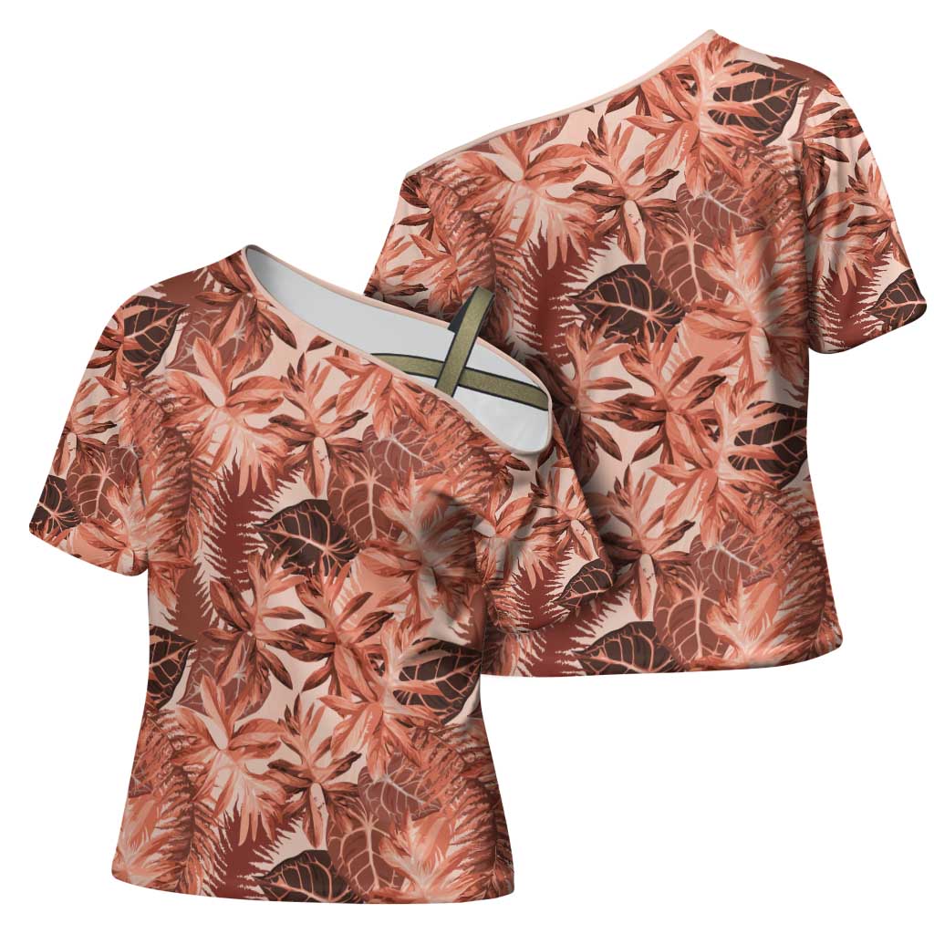 Hawaii Red Brown Tropical Leaves Cross Shoulder Shirt - Polynesian Pride