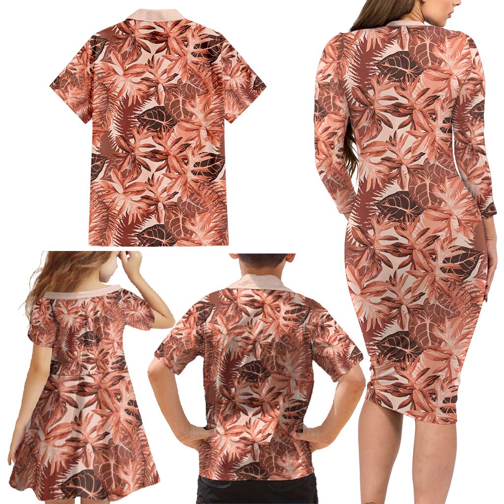 Hawaii Red Brown Tropical Leaves Family Matching Long Sleeve Bodycon Dress and Hawaiian Shirt - Polynesian Pride