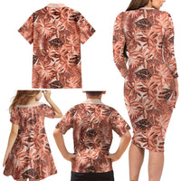Hawaii Red Brown Tropical Leaves Family Matching Long Sleeve Bodycon Dress and Hawaiian Shirt - Polynesian Pride