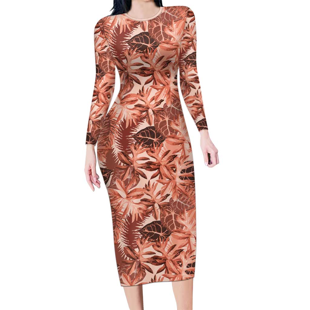 Hawaii Red Brown Tropical Leaves Family Matching Long Sleeve Bodycon Dress and Hawaiian Shirt - Polynesian Pride