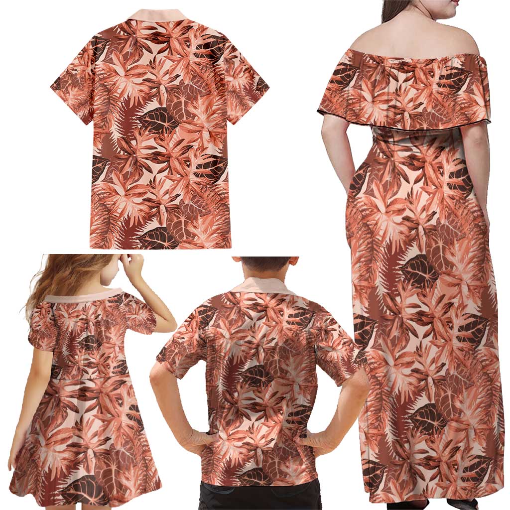 Hawaii Red Brown Tropical Leaves Family Matching Off Shoulder Maxi Dress and Hawaiian Shirt - Polynesian Pride