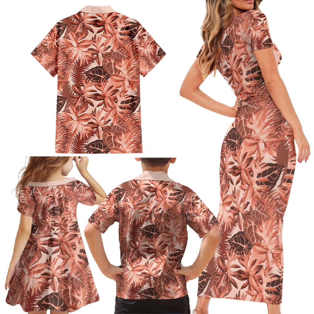 Hawaii Red Brown Tropical Leaves Family Matching Short Sleeve Bodycon Dress and Hawaiian Shirt - Polynesian Pride