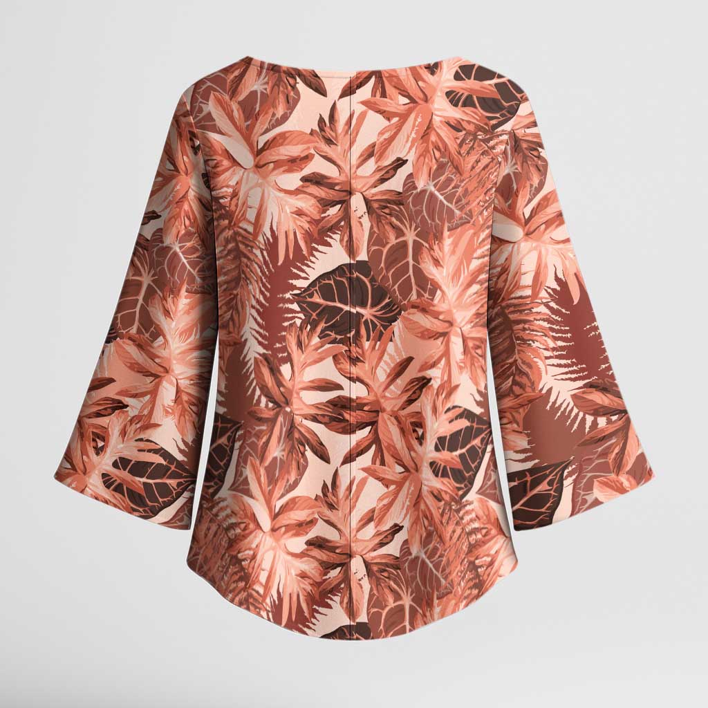 Hawaii Red Brown Tropical Leaves Kimono Sleeve Blouse - Polynesian Pride