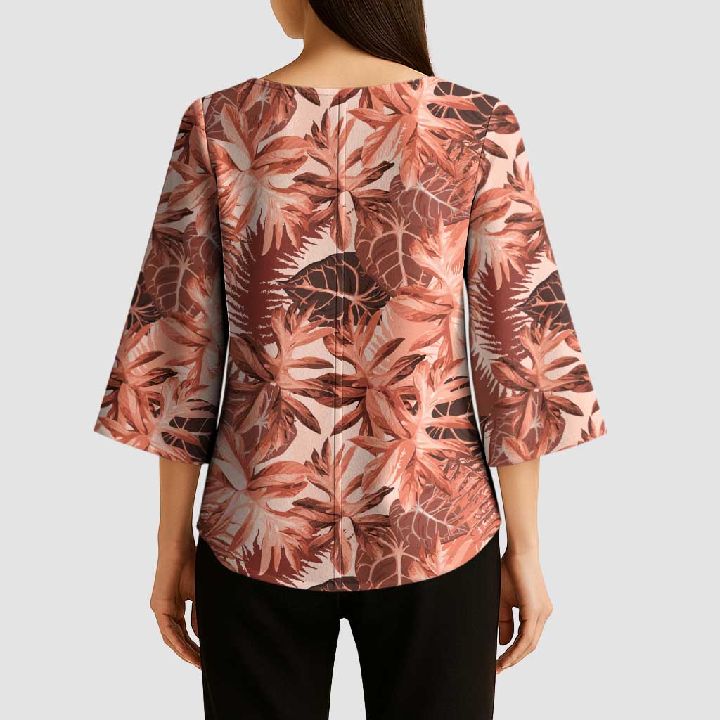 Hawaii Red Brown Tropical Leaves Kimono Sleeve Blouse - Polynesian Pride