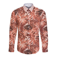 Hawaii Red Brown Tropical Leaves Long Sleeve Button Shirt - Polynesian Pride