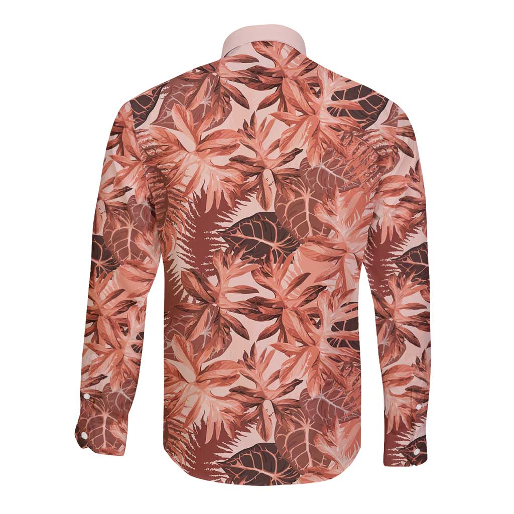 Hawaii Red Brown Tropical Leaves Long Sleeve Button Shirt - Polynesian Pride