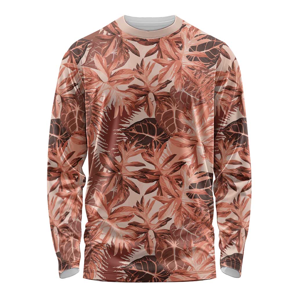 Hawaii Red Brown Tropical Leaves Long Sleeve Shirt - Polynesian Pride