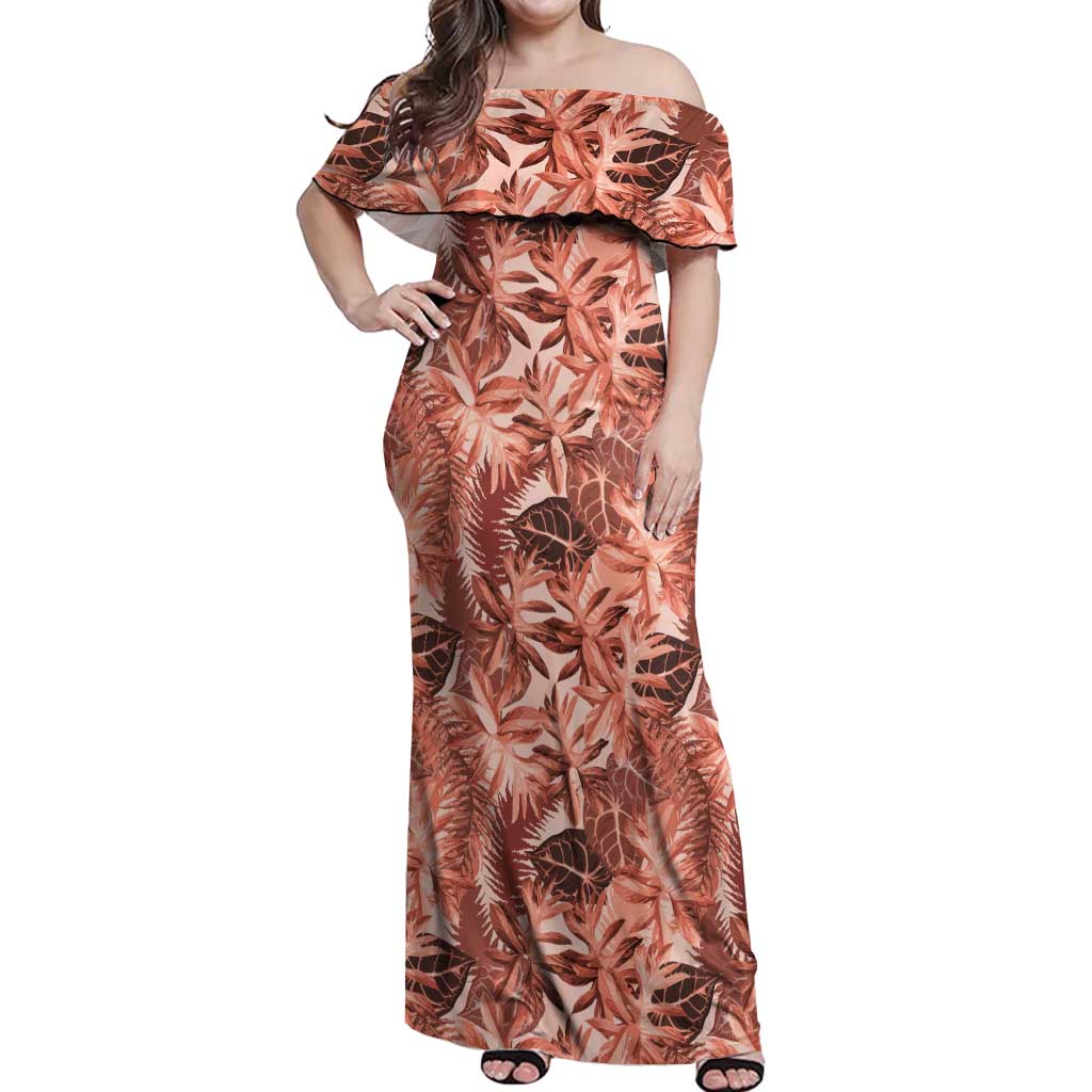 Hawaii Red Brown Tropical Leaves Off Shoulder Maxi Dress - Polynesian Pride