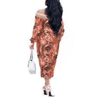 Hawaii Red Brown Tropical Leaves Off The Shoulder Long Sleeve Dress - Polynesian Pride