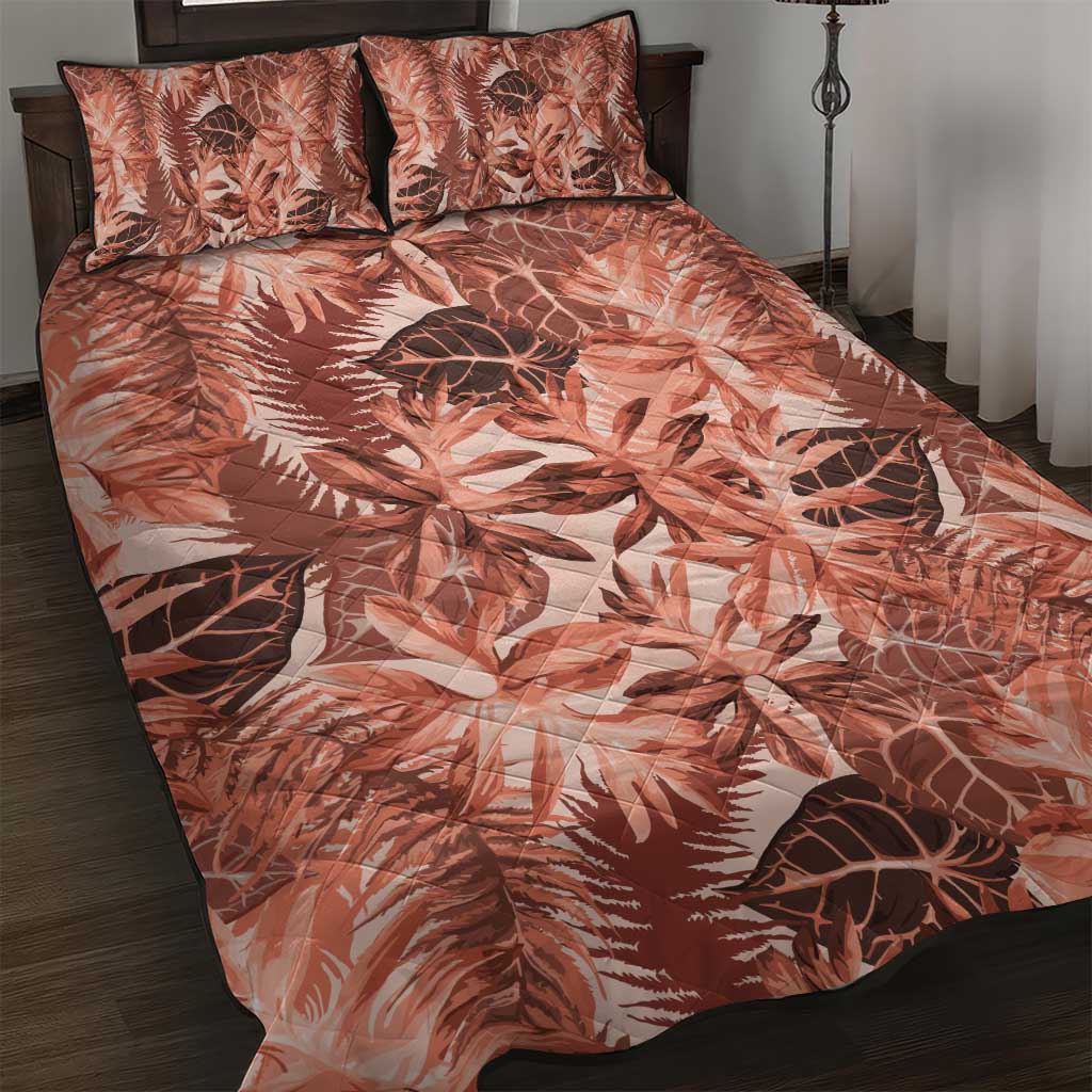 Hawaii Red Brown Tropical Leaves Quilt Bed Set - Polynesian Pride