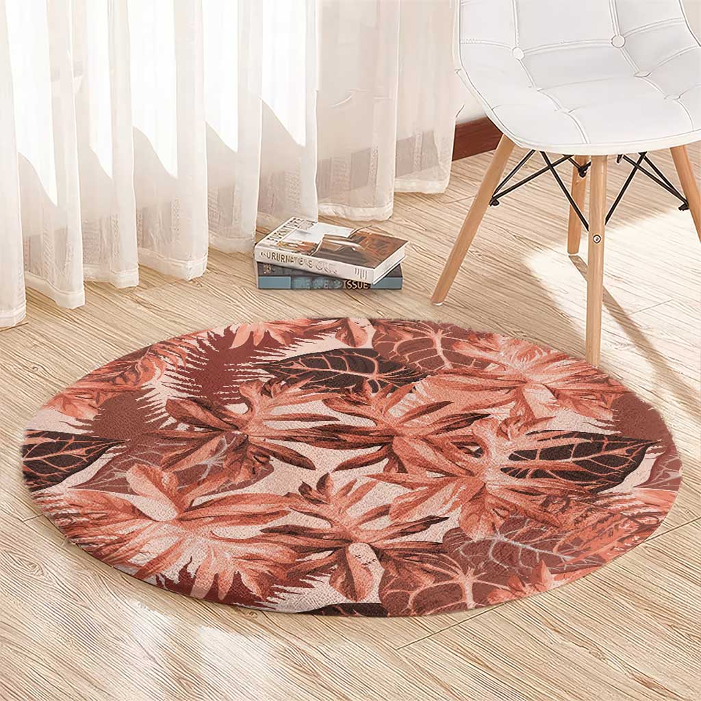 Hawaii Red Brown Tropical Leaves Round Carpet - Polynesian Pride