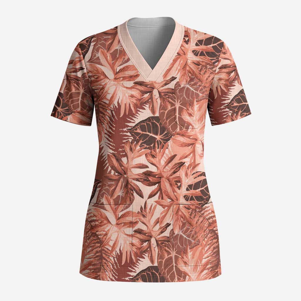 Hawaii Red Brown Tropical Leaves Scrub Top LT01 Adult Brown - Polynesian Pride