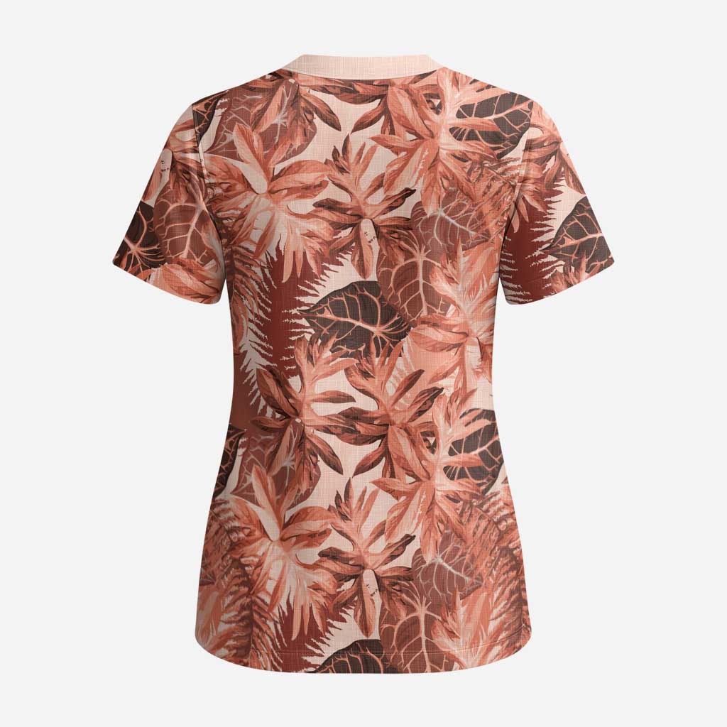 Hawaii Red Brown Tropical Leaves Scrub Top - Polynesian Pride