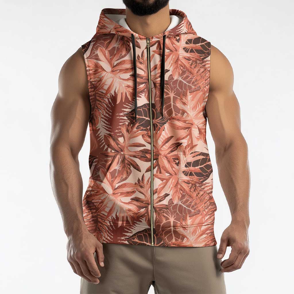 Hawaii Red Brown Tropical Leaves Sleeveless Zip Hoodie - Polynesian Pride
