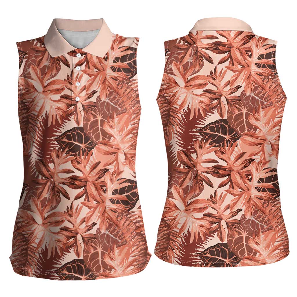 Hawaii Red Brown Tropical Leaves Women Sleeveless Polo Shirt - Polynesian Pride
