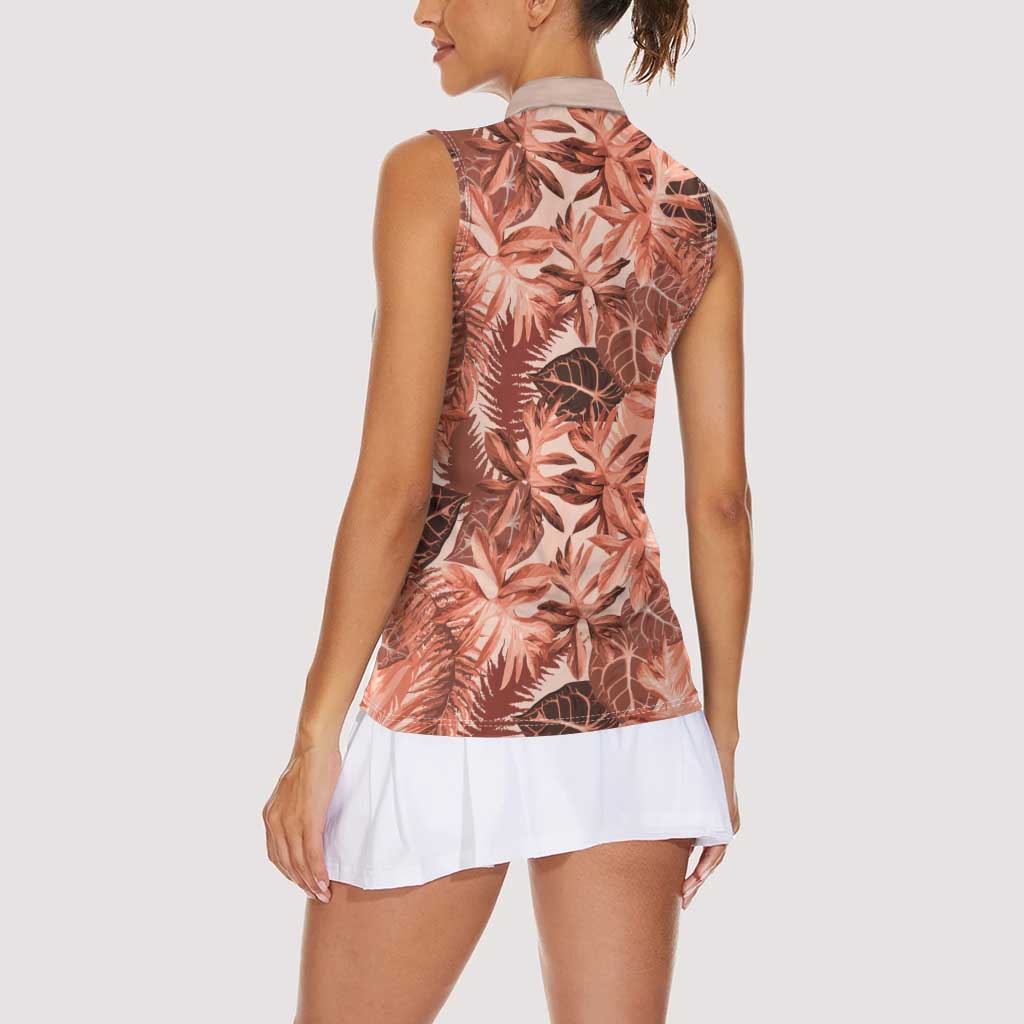Hawaii Red Brown Tropical Leaves Women Sleeveless Polo Shirt - Polynesian Pride