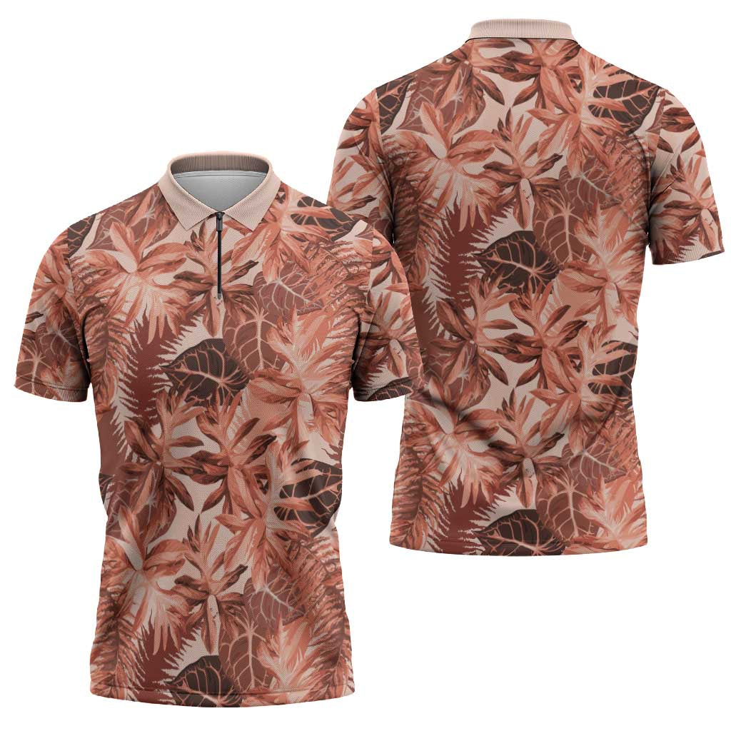 Hawaii Red Brown Tropical Leaves Zipper Polo Shirt - Polynesian Pride
