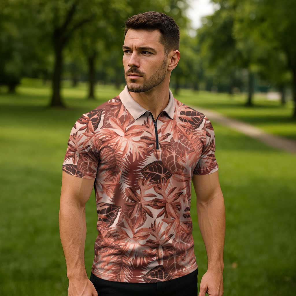 Hawaii Red Brown Tropical Leaves Zipper Polo Shirt - Polynesian Pride