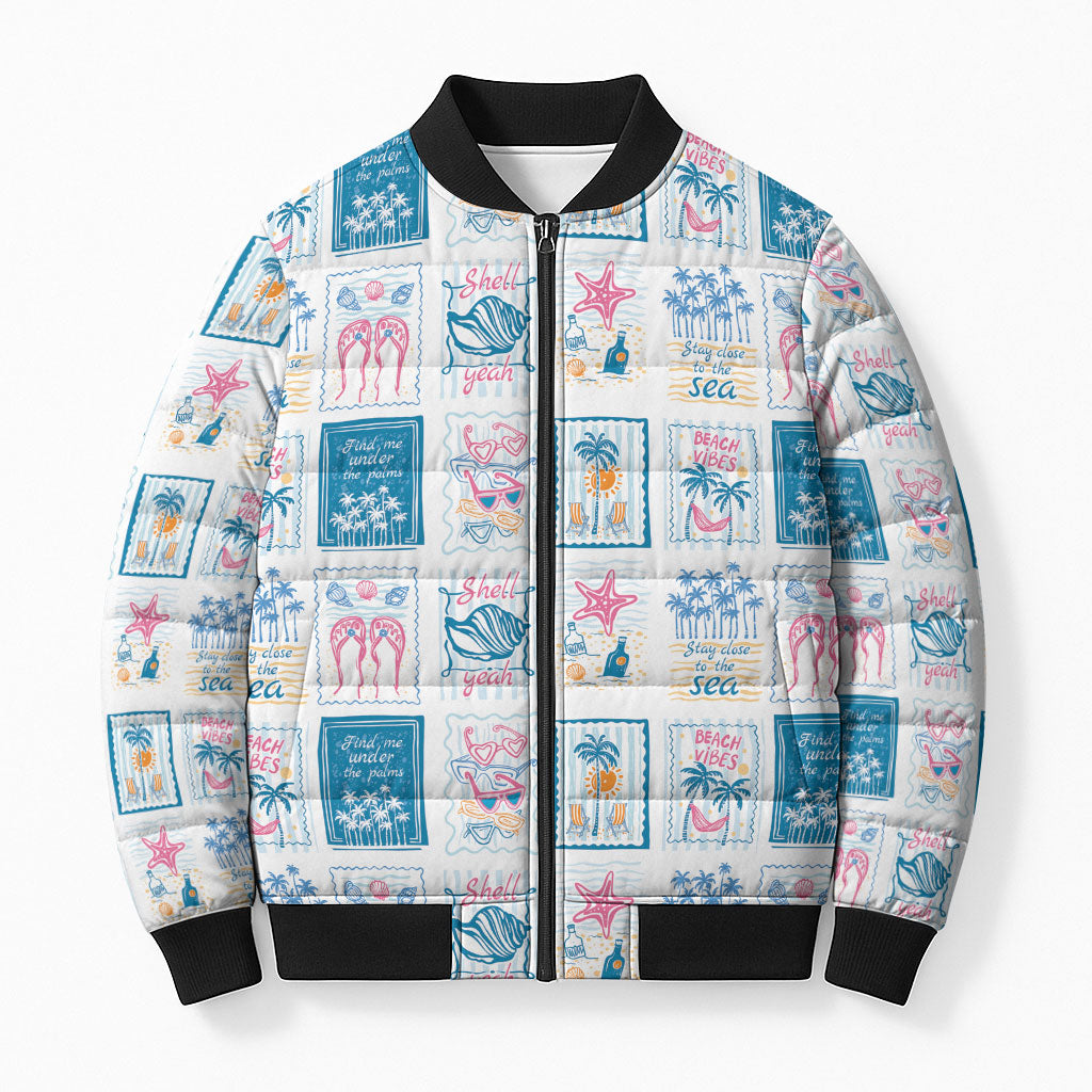 Hawaii Coastal Summer Postcard Bomber Puffer Jacket