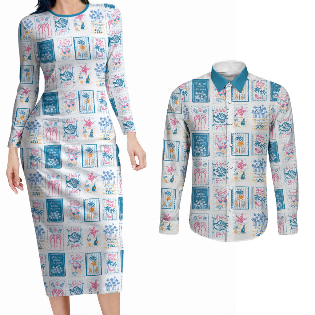 Hawaii Coastal Summer Postcard Couples Matching Long Sleeve Bodycon Dress and Long Sleeve Button Shirt