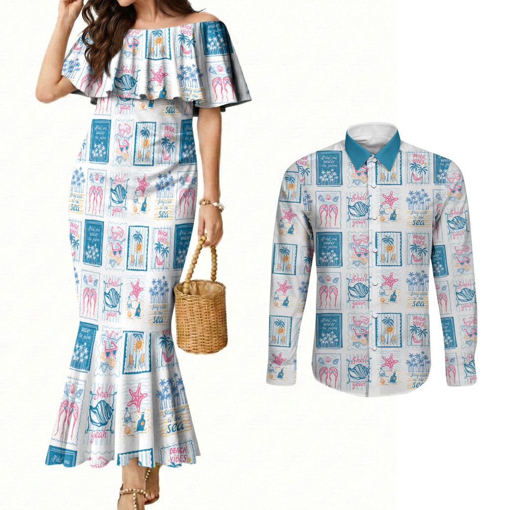 Hawaii Coastal Summer Postcard Couples Matching Mermaid Dress and Long Sleeve Button Shirt