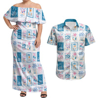 Hawaii Coastal Summer Postcard Couples Matching Off Shoulder Maxi Dress and Hawaiian Shirt
