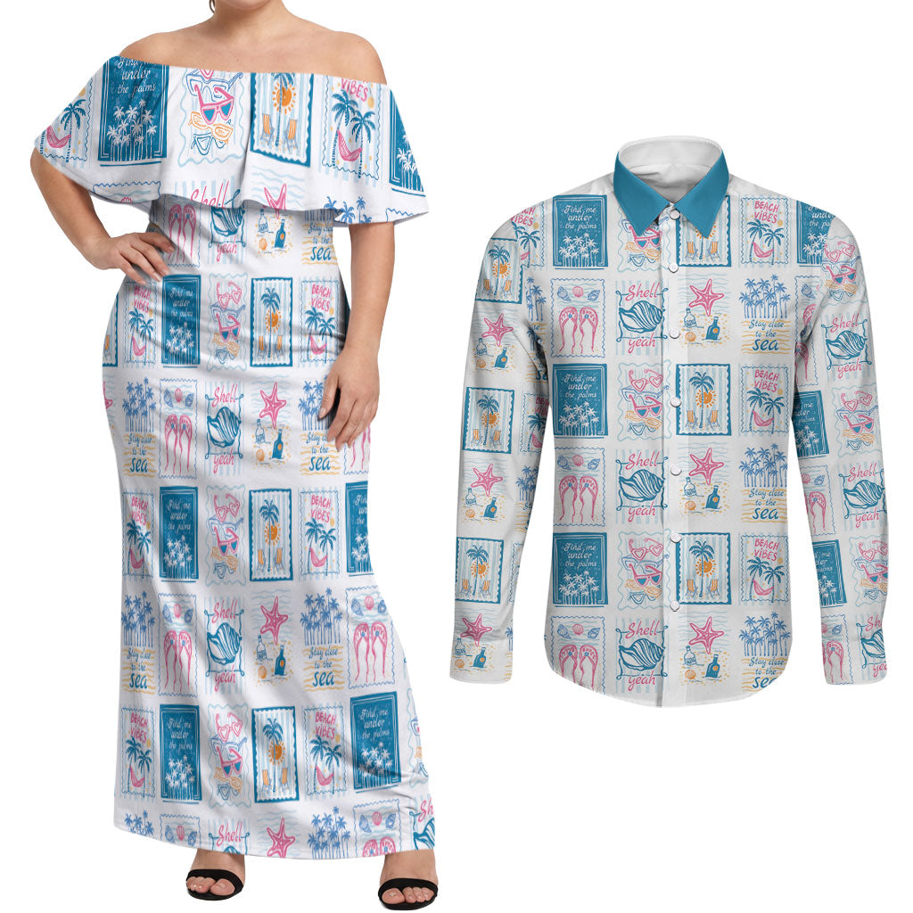 Hawaii Coastal Summer Postcard Couples Matching Off Shoulder Maxi Dress and Long Sleeve Button Shirt