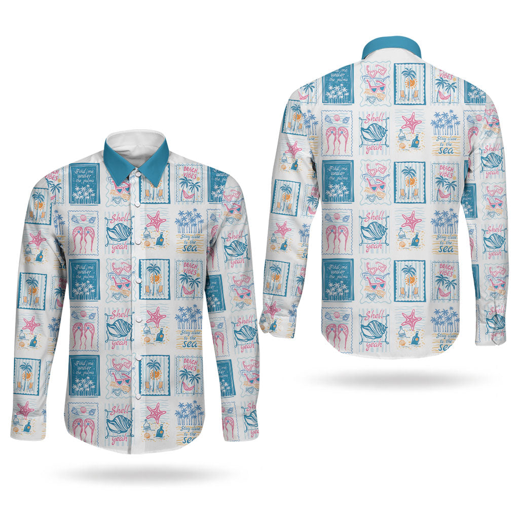 Hawaii Coastal Summer Postcard Couples Matching Off Shoulder Maxi Dress and Long Sleeve Button Shirt