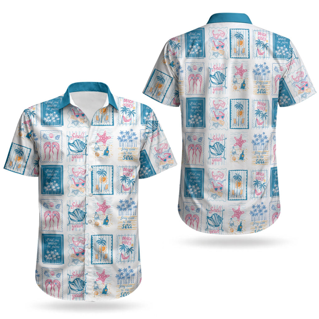 Hawaii Coastal Summer Postcard Couples Matching Off The Shoulder Long Sleeve Dress and Hawaiian Shirt