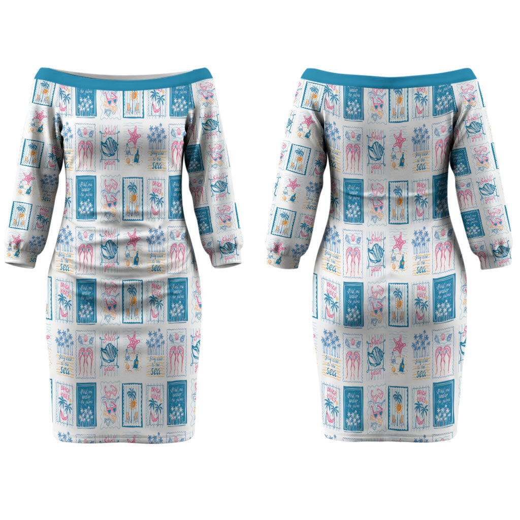 Hawaii Coastal Summer Postcard Couples Matching Off The Shoulder Long Sleeve Dress and Long Sleeve Button Shirt