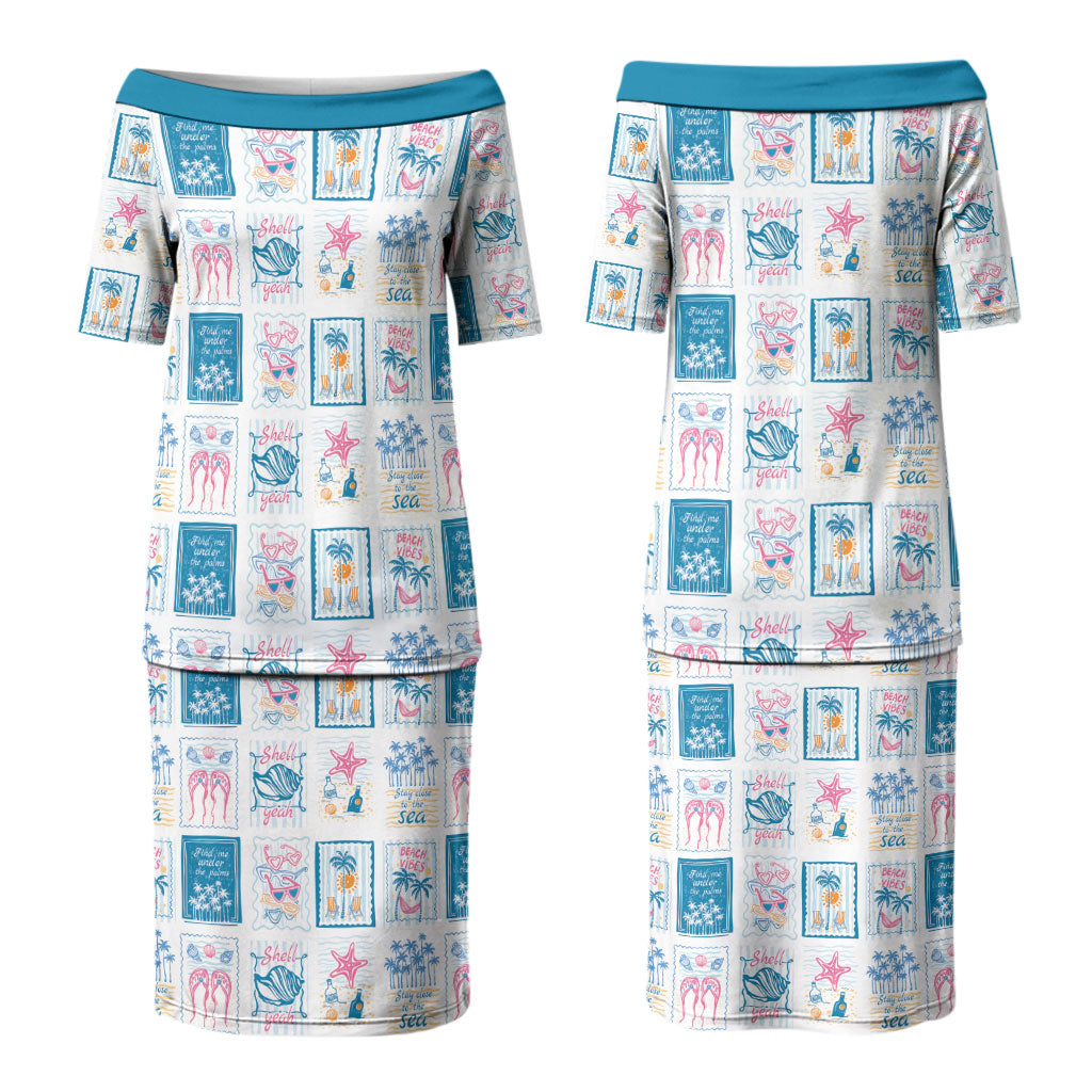 Hawaii Coastal Summer Postcard Couples Matching Puletasi and Hawaiian Shirt