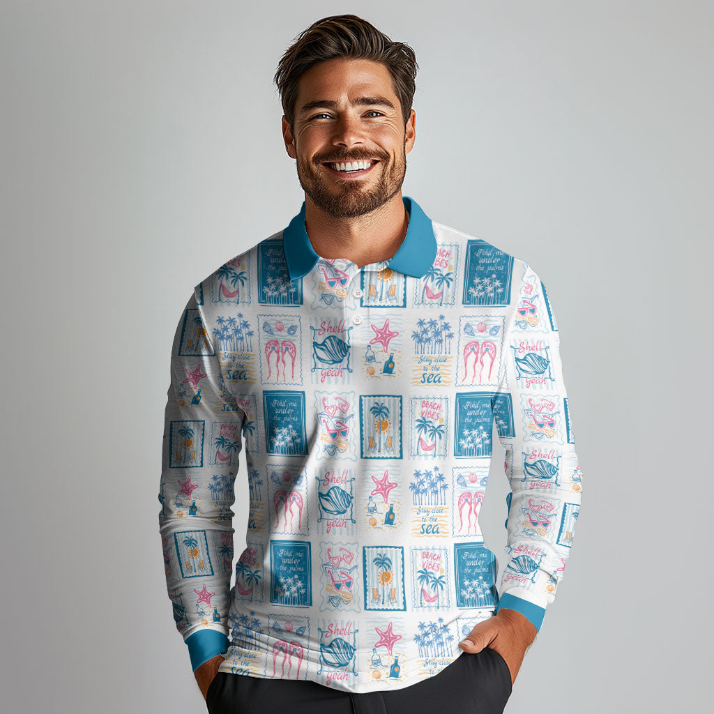 Hawaii Coastal Summer Postcard Long Sleeve Polo Shirt