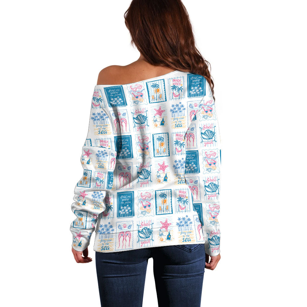Hawaii Coastal Summer Postcard Off Shoulder Sweater