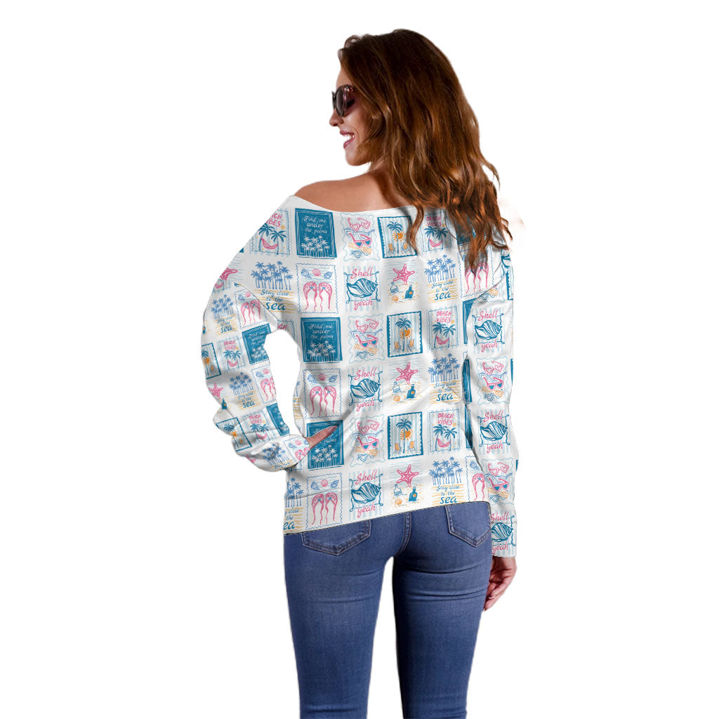 Hawaii Coastal Summer Postcard Off Shoulder Sweater