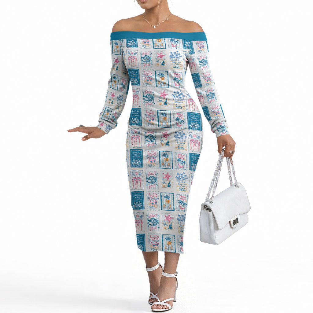 Hawaii Coastal Summer Postcard Off The Shoulder Long Sleeve Dress