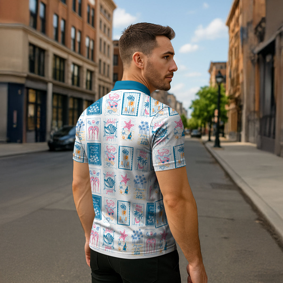 Hawaii Coastal Summer Postcard Zipper Polo Shirt