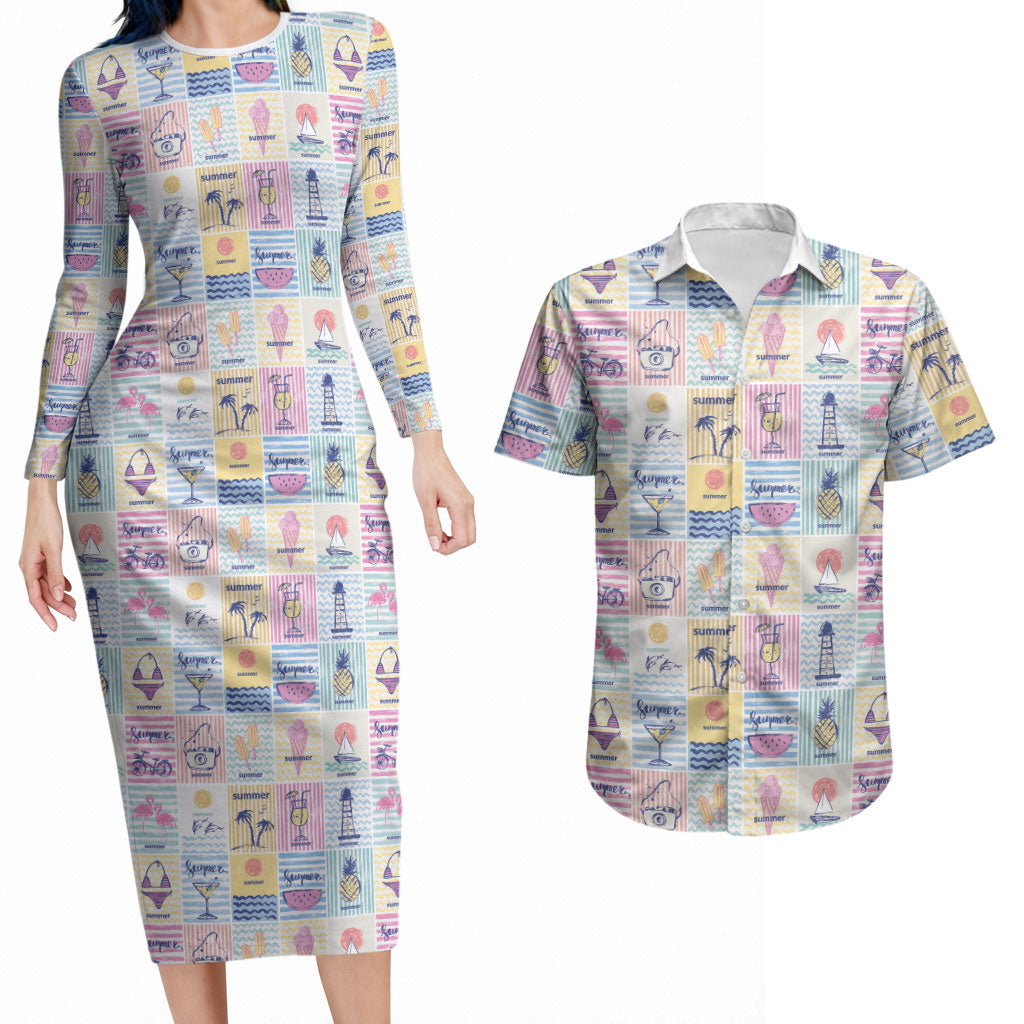Aloha Summer Posters Grunge Textures Couples Matching Long Sleeve Bodycon Dress and Hawaiian Shirt LT01 Multicolor - Polynesian Pride
