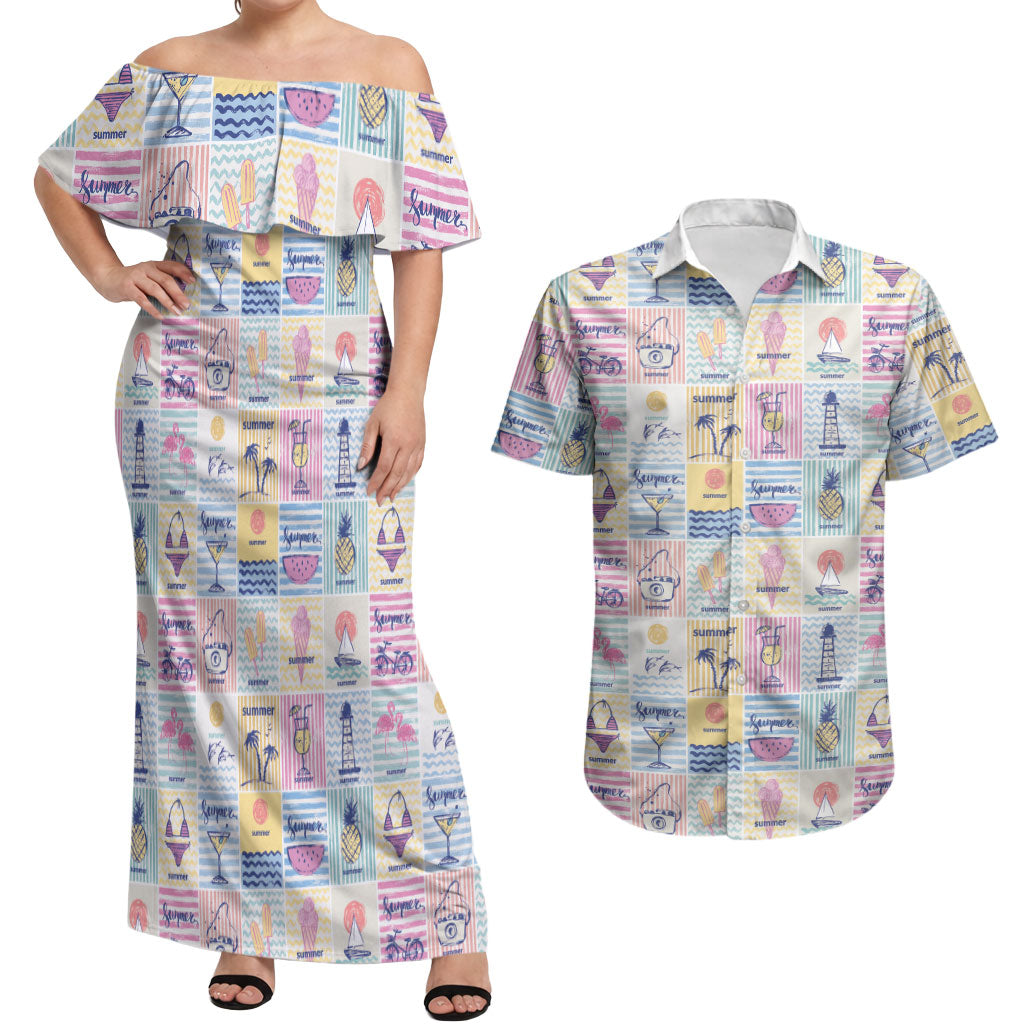 Aloha Summer Posters Grunge Textures Couples Matching Off Shoulder Maxi Dress and Hawaiian Shirt
