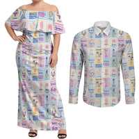 Aloha Summer Posters Grunge Textures Couples Matching Off Shoulder Maxi Dress and Long Sleeve Button Shirt