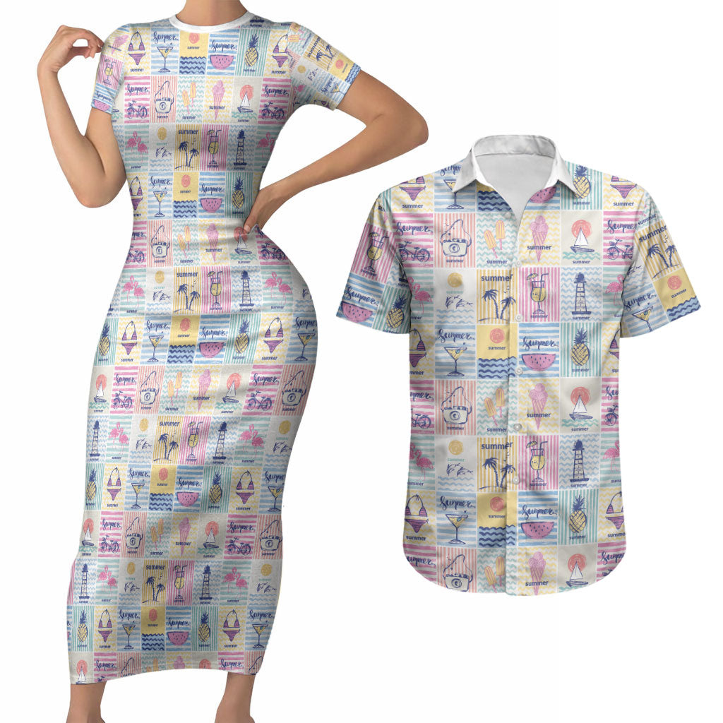 Aloha Summer Posters Grunge Textures Couples Matching Short Sleeve Bodycon Dress and Hawaiian Shirt