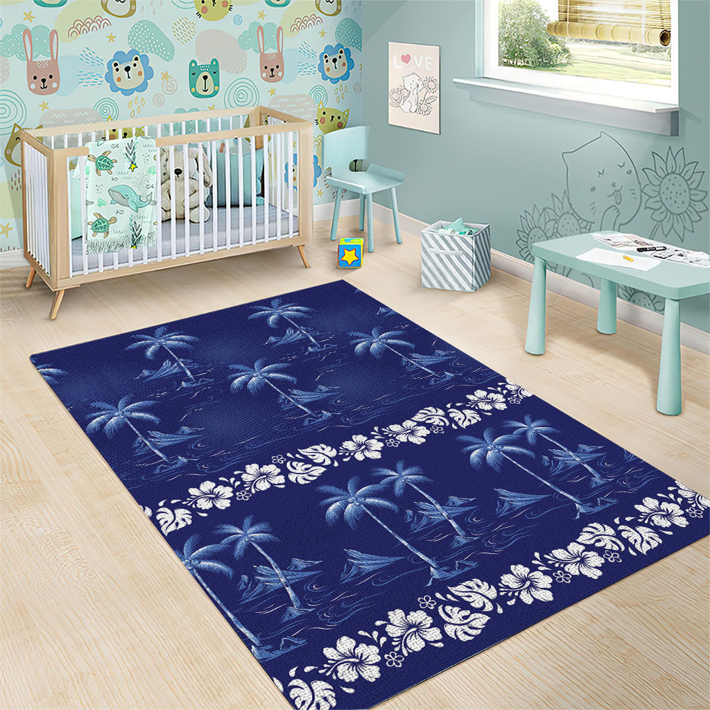 Blue Hawaii Palm Tree Hibiscus Area Rug Fantasy Summer Vibe