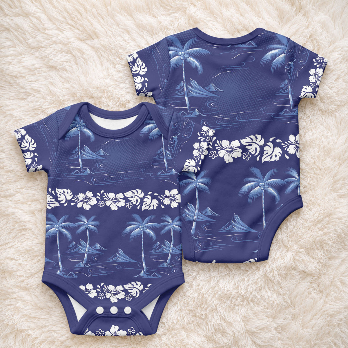 Blue Hawaii Palm Tree Hibiscus Baby Onesie Fantasy Summer Vibe