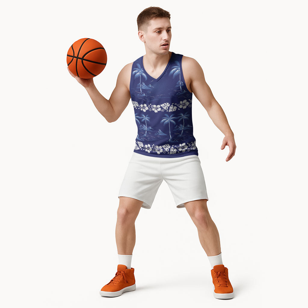 Blue Hawaii Palm Tree Hibiscus Basketball Jersey Fantasy Summer Vibe